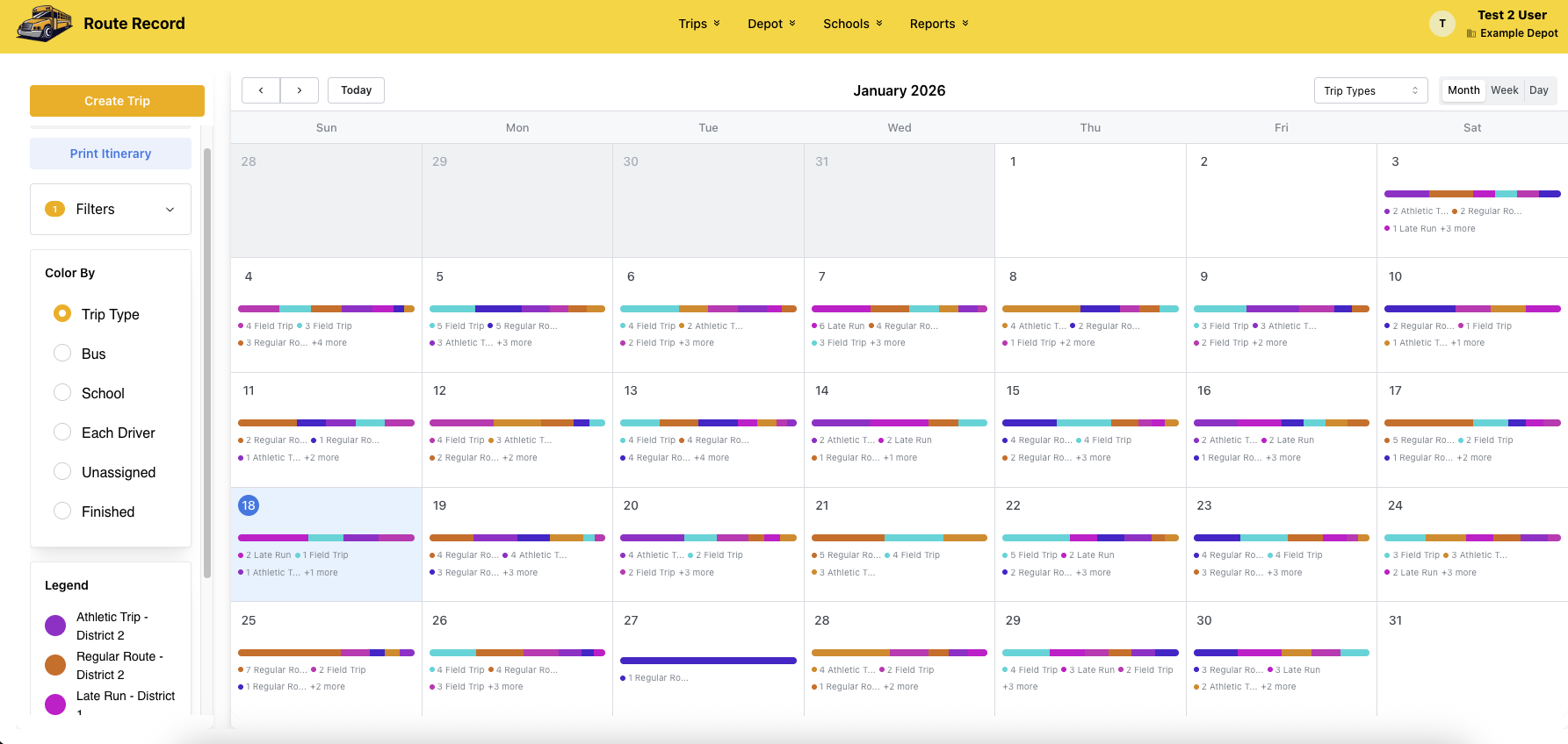 Calendar view showing scheduled bus trips organized by day and week