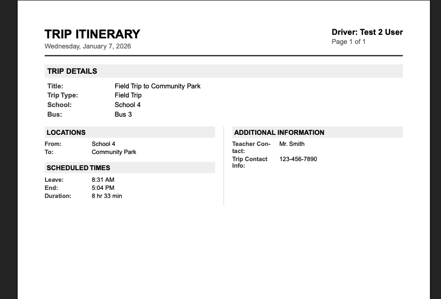 Example of a printed PDF driver sheet with trip details
