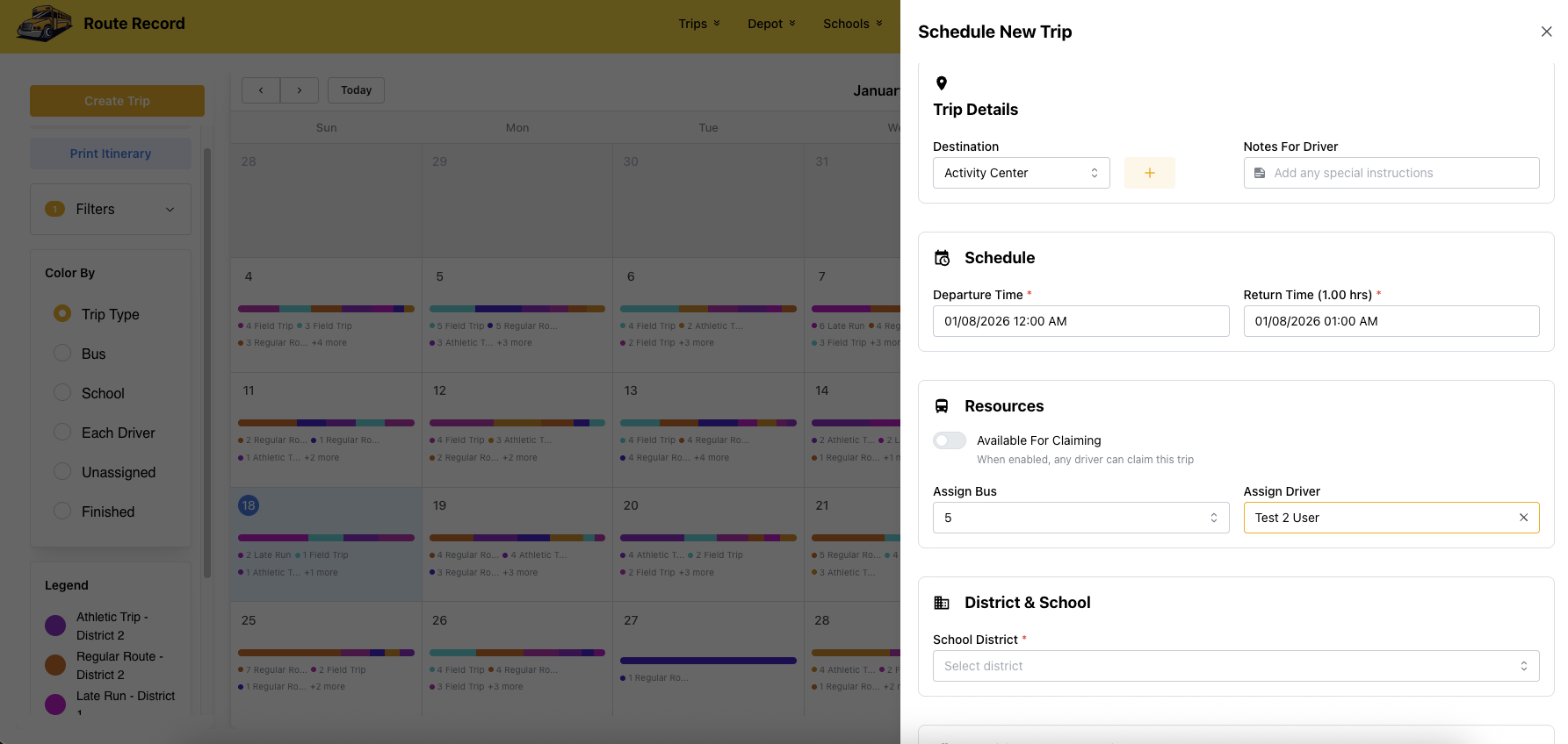 Trip management interface showing trip details and driver assignments